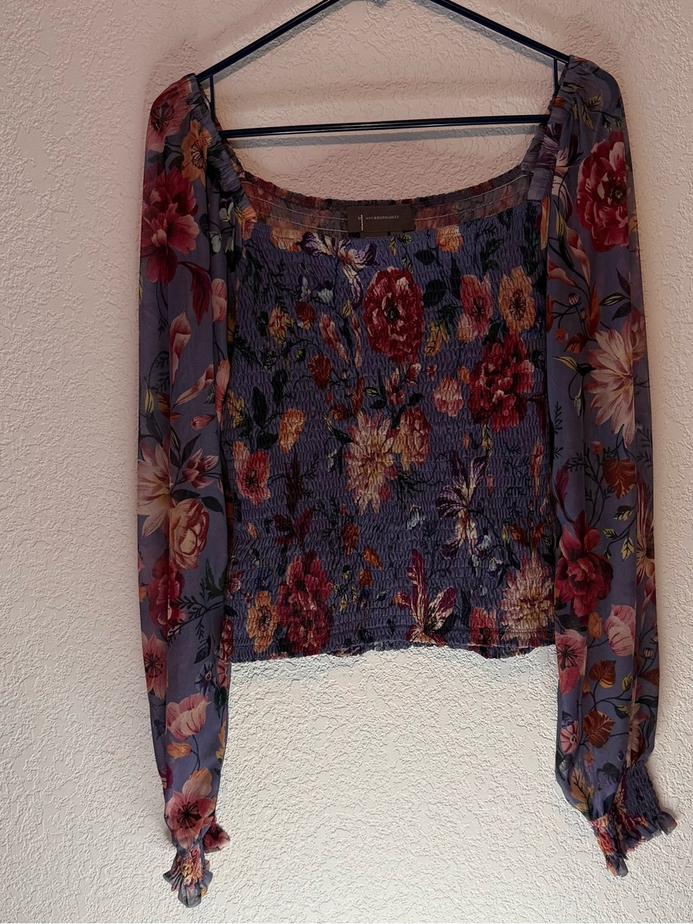 Anthropologie Floral Smocked Sheer Sleeve Blouse Top Size M